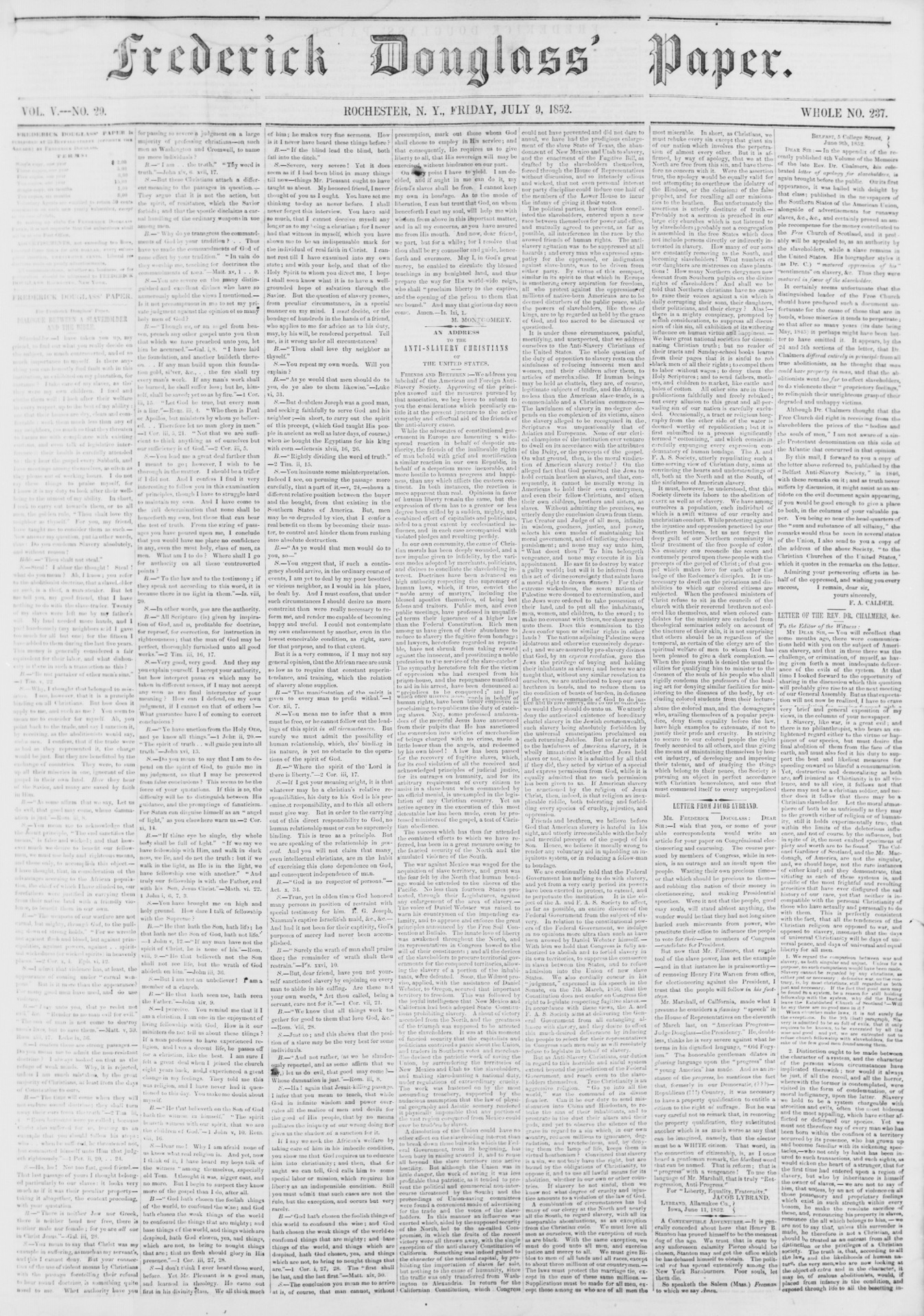 Frederick Douglass' Paper, July 9, 1852 — the speech printed four days later